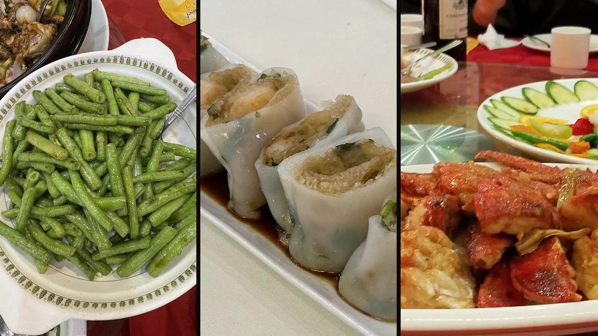 Dim sum carts beside shared dining tables.