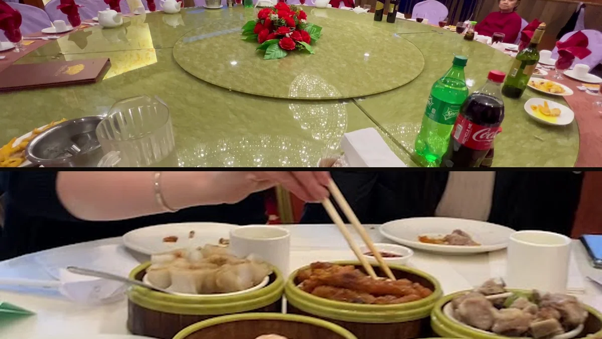 Dim sum carts beside shared dining tables.