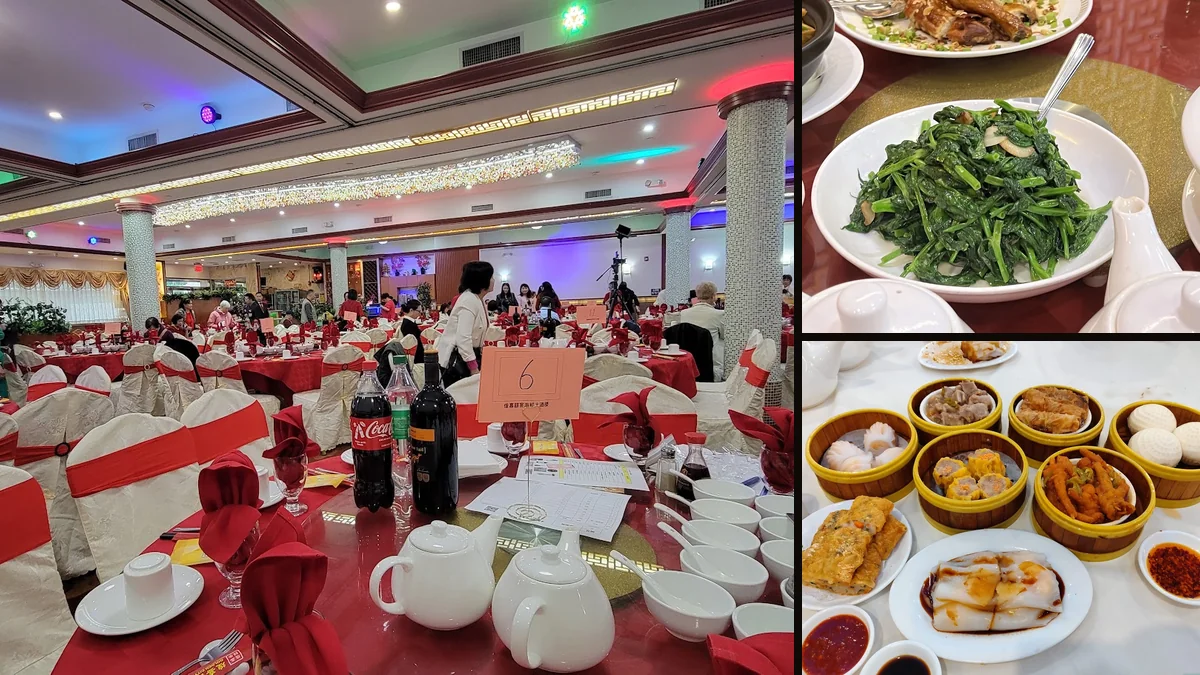 Plates of seafood and rice dishes spread out.